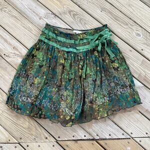 Essentiel Antwerp 100% Silk Green Floral Mini Skirt Tulle Lined Size 40 (U.S.10)